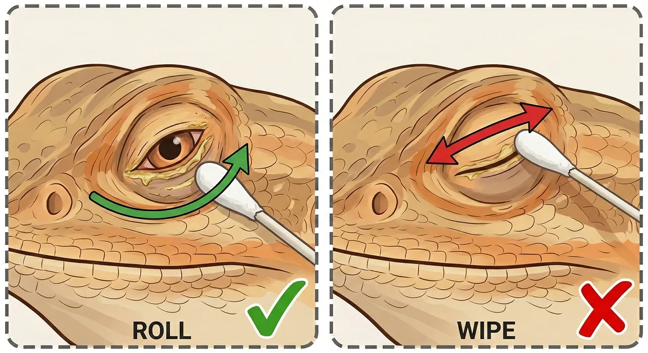 A two-panel diagram showing the correct 'roll' technique using a cotton swab to lift discharge off a bearded dragon's eyelid, next to the incorrect 'wipe' technique which drags debris across the cornea.