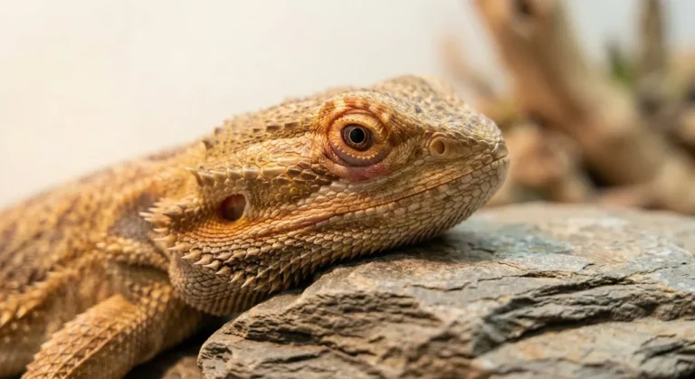 Close-up of a bearded dragon resting on a rock, showing mild redness and swelling around the eyelid as early signs of a bearded dragon eye infection.