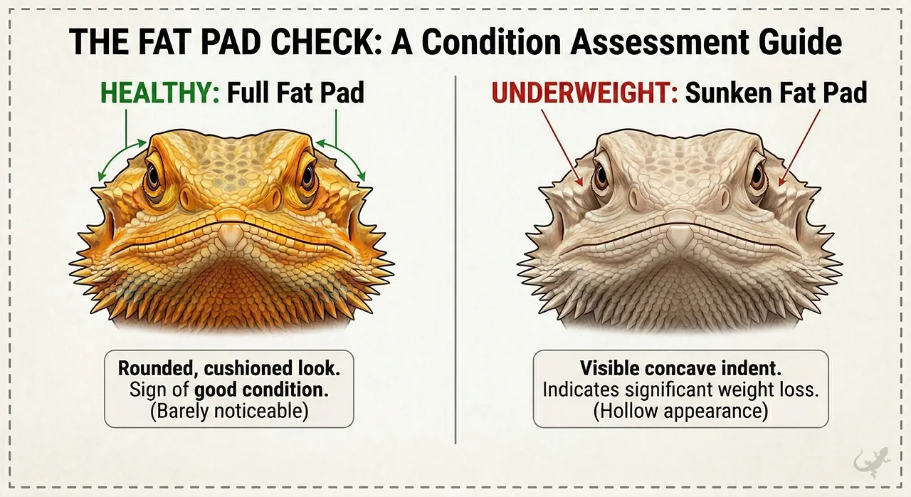 A comparative guide illustrating the difference between a healthy bearded dragon and an underweight one, specifically focusing on the appearance of the fat pads on their head. The image features front-facing illustrations of two bearded dragon heads side-by-side. The healthy dragon on the left has plump, full fat pads that are described as having a 'Rounded, cushioned look' and being a 'Sign of good condition' while also being '(Barely noticeable)'. Conversely, the underweight dragon on the right exhibits sunken fat pads, annotated with text describing a 'Visible concave indent', stating this condition 'Indicates significant weight loss', and noting a '(Hollow appearance)'. Explicit labels clearly identify each condition example as 'HEALTHY' and 'UNDERWEIGHT'.