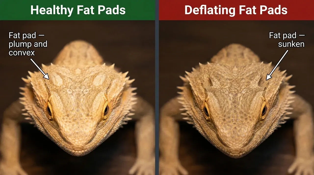 Top-down comparison of bearded dragon fat pads: left panel showing healthy convex fat pads sitting proud behind the eyes, right panel showing deflating concave fat pads indicating the dragon is drawing on fat reserves faster than it is replacing them.