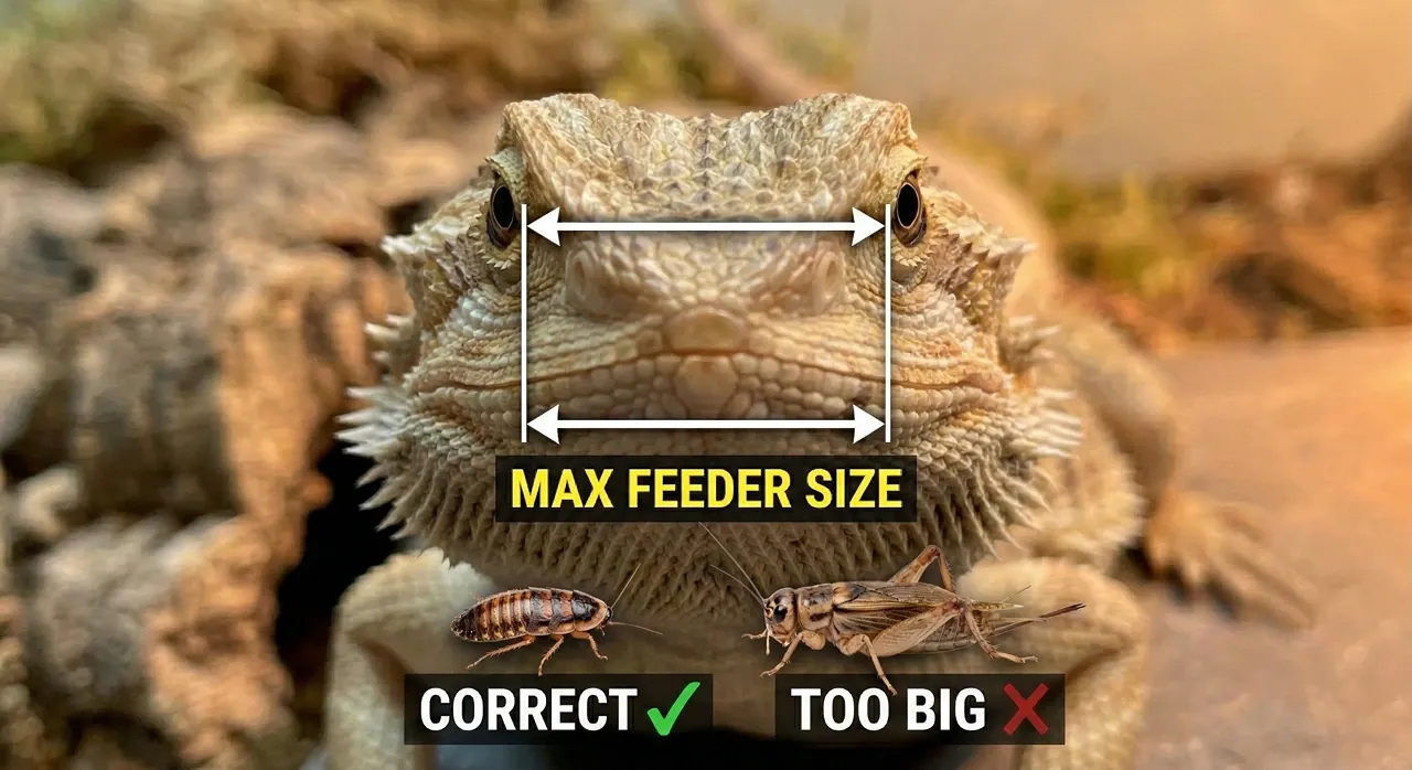 A diagram demonstrating the bearded dragon eye-gap rule, showing that a correctly sized feeder insect must be narrower than the distance between the dragon's eyes, while an oversized cricket is marked as too big.