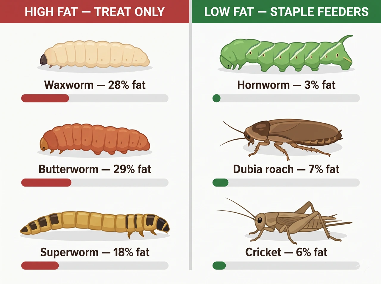 Comparison chart of six bearded dragon feeder insects sorted by fat content from waxworms to crickets