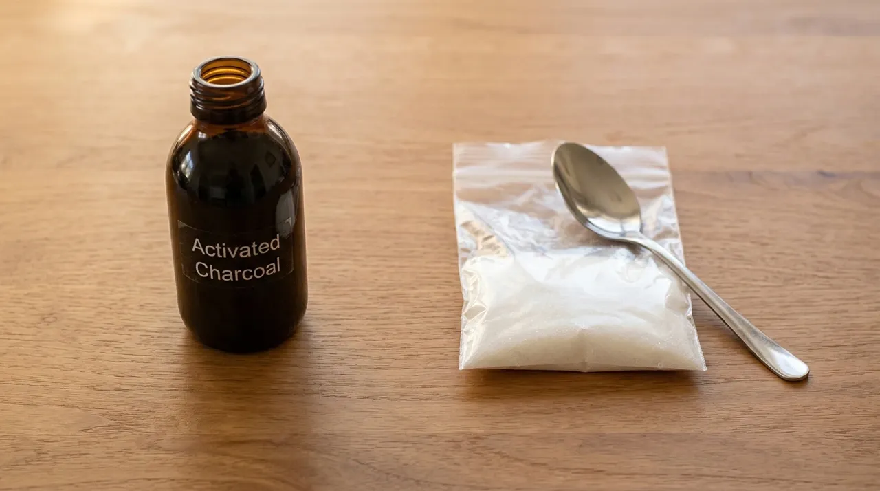 Activated charcoal suspension bottle and a sealed bag of plain white granulated sugar with a teaspoon, the two least intuitive bearded dragon first aid kit items, shown side by side for identification.