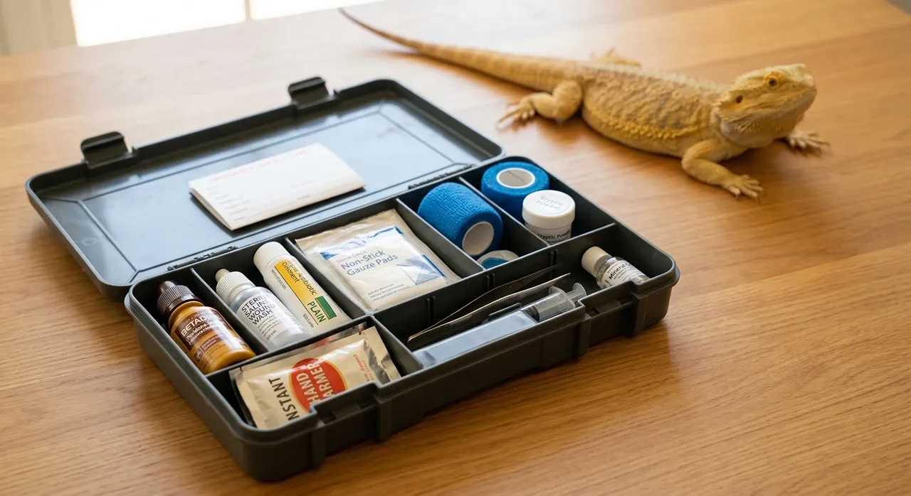 An open bearded dragon first aid kit inside a hard-sided tackle box, showing all essential items organised and ready, with a bearded dragon resting on the table in the background.