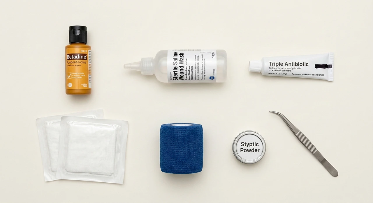 Flat lay of seven bearded dragon first aid kit wound care items including Betadine, sterile saline, plain triple antibiotic ointment, gauze pads, vet wrap bandage, styptic powder, and curved tweezers, arranged on a white surface for identification.