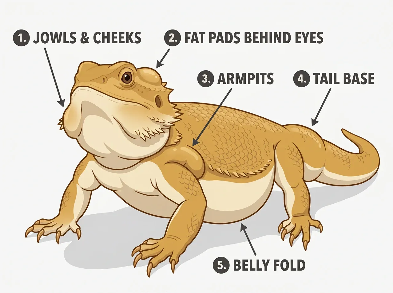 Labeled illustration of an overweight bearded dragon showing jowls, eye fat pads, armpits, tail base and belly fold