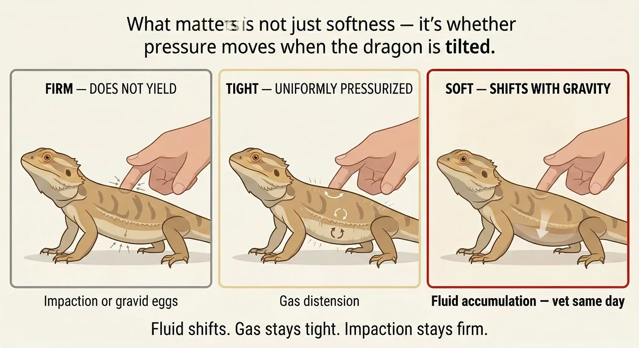A three-panel instructional diagram comparing bearded dragon swollen belly textures: a firm belly for impaction or eggs, a tight pressurized belly for gas, and a soft belly that shifts with gravity when the dragon is tilted, indicating fluid accumulation (ascites).