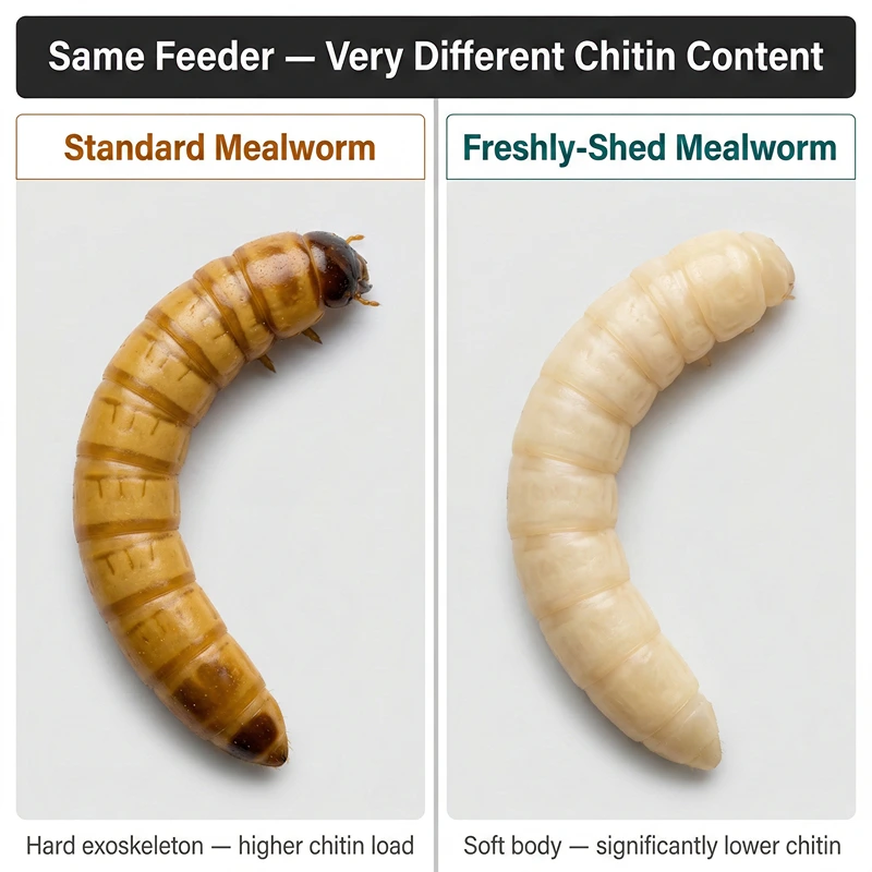 A side-by-side macro comparison of feeder insects showing a standard hard-shelled yellow mealworm next to a freshly-shed pale mealworm, illustrating the visual difference in chitin content.