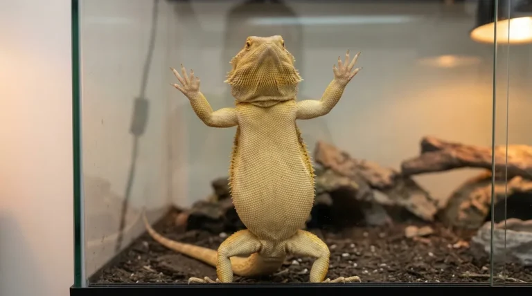 An adult bearded dragon standing upright on its hind legs with its belly pressed against the enclosure glass, demonstrating the classic bearded dragon glass surfing posture by paddling its front legs.