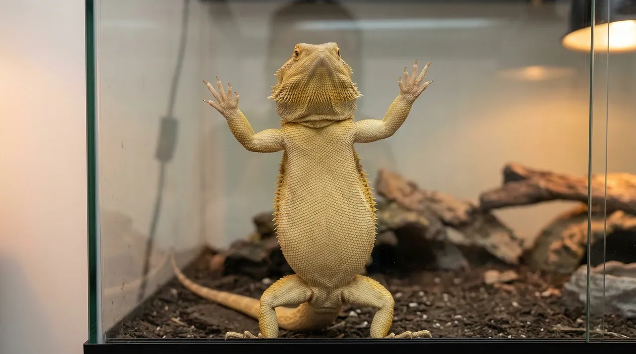 An adult bearded dragon standing upright on its hind legs with its belly pressed against the enclosure glass, demonstrating the classic bearded dragon glass surfing posture by paddling its front legs.