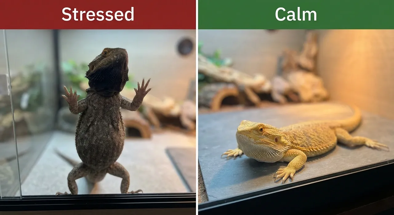 Side-by-side comparison of a stressed bearded dragon glass surfing with a darkened body and black beard, versus a calm, golden-yellow bearded dragon resting flat on a basking tile.