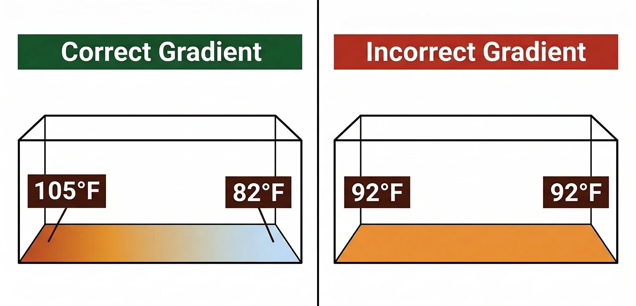 Diagram showing a correct versus incorrect temperature gradient in a bearded dragon enclosure, used to diagnose bearded dragon glass surfing caused by a failed thermal gradient.