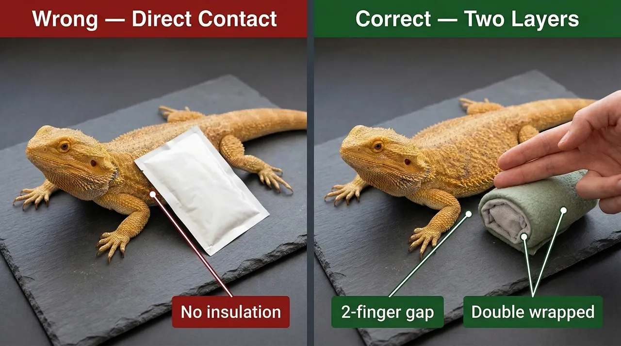 Side-by-side comparison of the incorrect bare hand warmer placed directly against a bearded dragon versus the correct double-wrapped bundle with a two-finger gap, showing how to prevent thermal burns during a bearded dragon power outage.