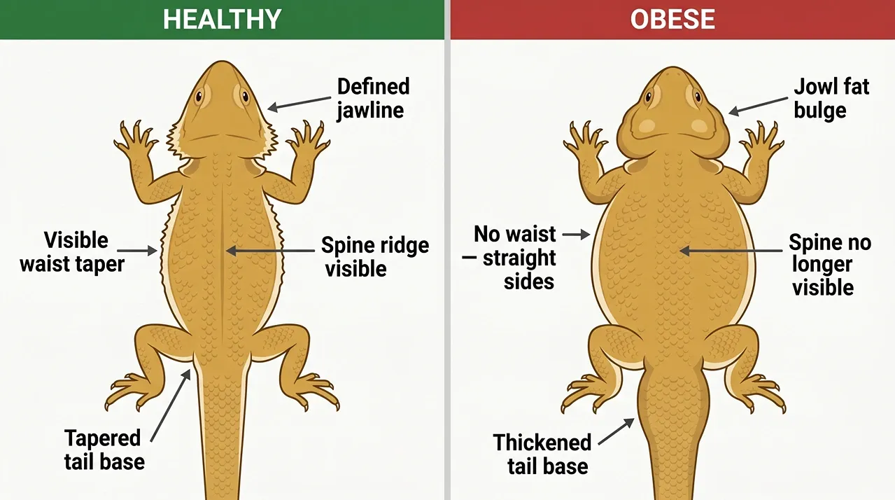 Top-down comparison of healthy and obese bearded dragon showing waist taper, jowls, tail base and spine differences