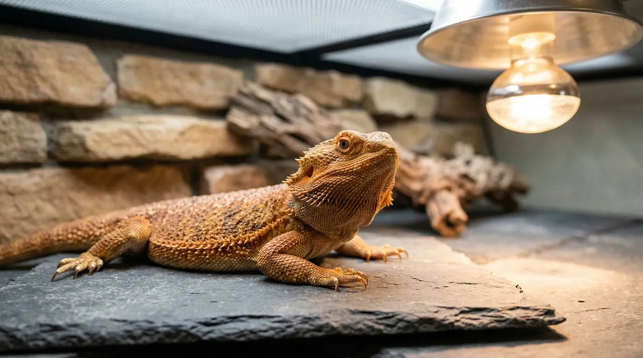 A healthy adult bearded dragon resting on a slate basking surface under a warm basking light, illustrating the long-term physical results of correct husbandry.
