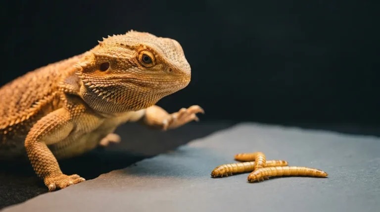 A close-up editorial photograph of an adult bearded dragon looking intently at three mealworms on a grey slate surface, illustrating the strong feeding response dragons have to this high-fat insect.