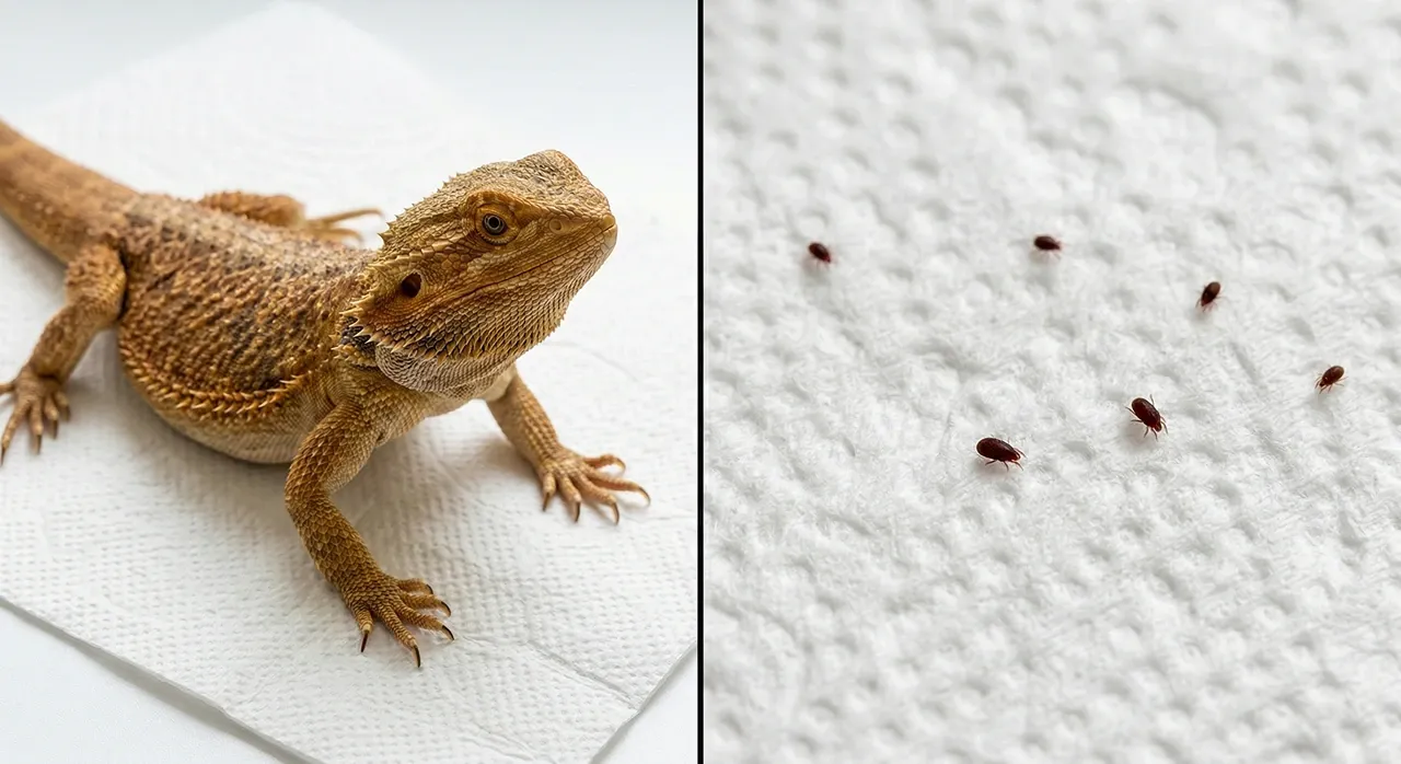 A two-panel image showing a bearded dragon sitting on a white paper towel on the left, and a macro close-up of tiny red-brown reptile mites clearly visible against the white paper towel texture on the right.