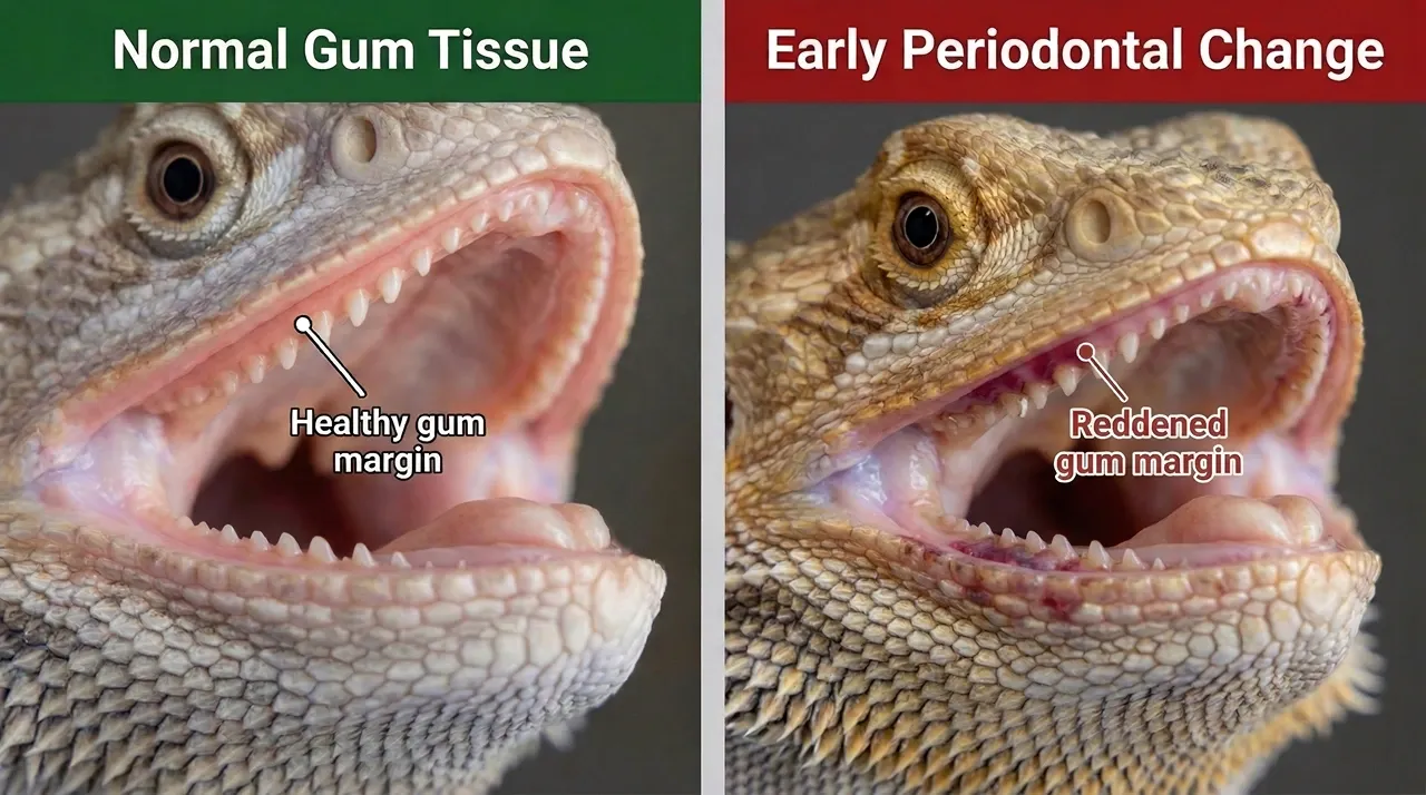 Close-up comparison of healthy pale-pink bearded dragon gum tissue sitting flush against the acrodont teeth versus early periodontal change showing localised redness and slight thickening at the gum margin in a senior dragon.