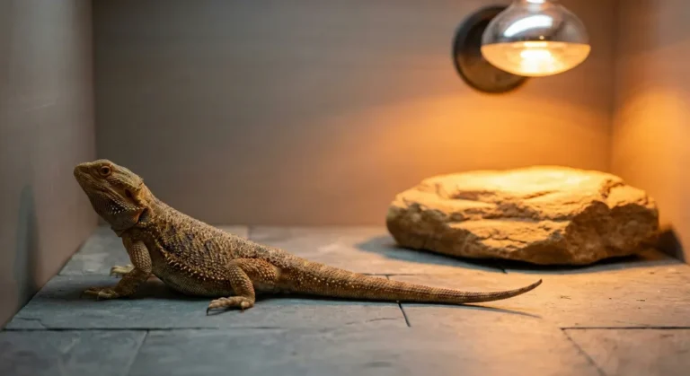 A bearded dragon sitting on the cool slate floor of its enclosure, facing away from an empty basking rock illuminated by a warm heat bulb in the background.