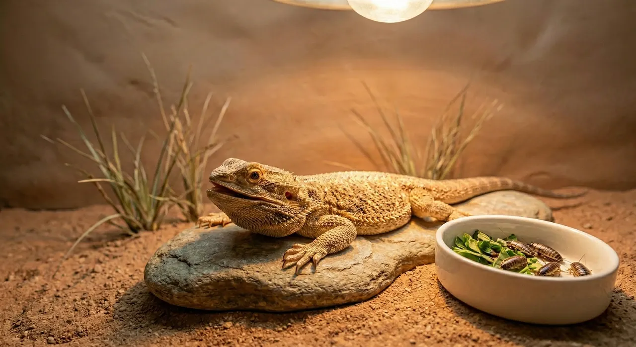 Bearded dragon sitting completely motionless on a textured rock directly under a basking heat lamp. The dragon has its mouth slightly open, demonstrating normal thermoregulation. A white ceramic bowl containing fresh leafy greens and feeder insects sits untouched next to the rock on a natural, sandy substrate.