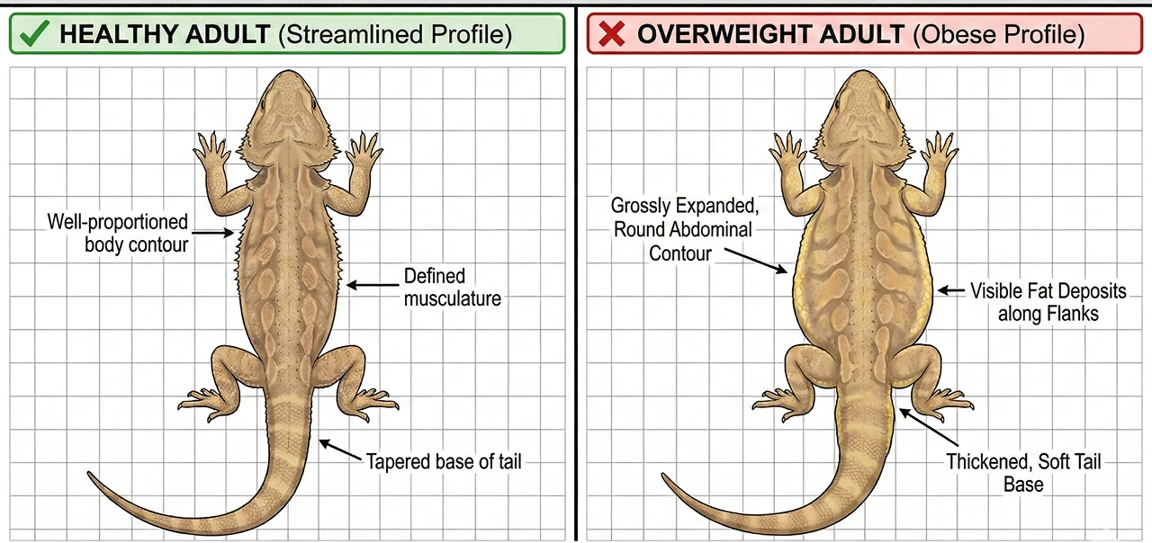 An infographic chart providing a top-down (dorsal) comparison for assessing bearded dragon (Pogona vitticeps) obesity. The left side features a 'Healthy Adult' with a streamlined profile, defined musculature, and a tapered tail base. The right side shows an 'Overweight Adult' with a grossly expanded round abdominal contour, visible fat deposits on the flanks, and a thickened, soft tail base.