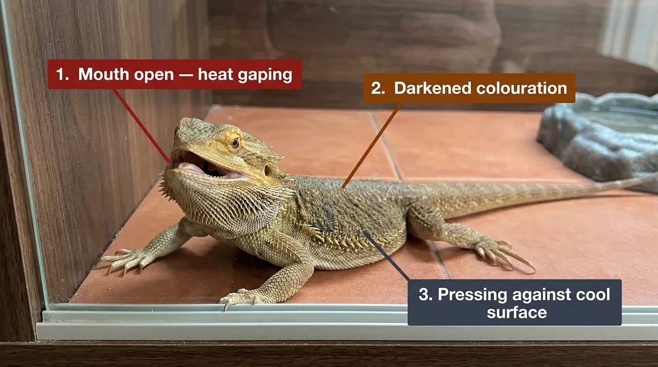 A bearded dragon showing early overheating signs inside a dark enclosure during a summer power outage, with mouth open in heat gaping, darkened dorsal colouration, and body pressed flat against the cool end glass.