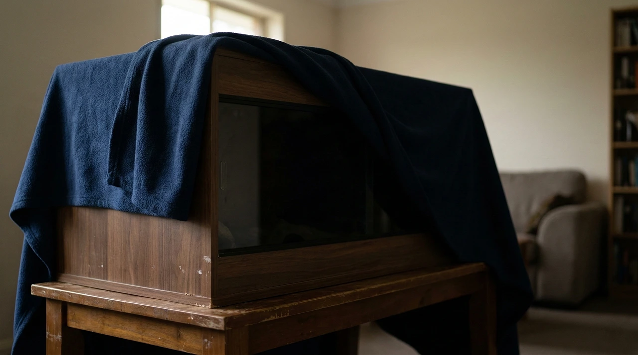 A wooden bearded dragon vivarium covered with a thick dark blanket in a dimly lit room, demonstrating the first step to trap heat during a winter power outage.