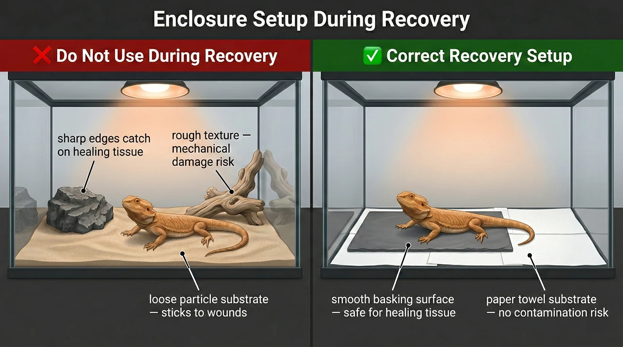 A side-by-side comparison of bearded dragon habitat safety during medical recovery. The incorrect setup shows dangerous loose sand and sharp rocks, while the correct setup optimizes safety using clean paper towels and a smooth slate tile to protect healing tissue.