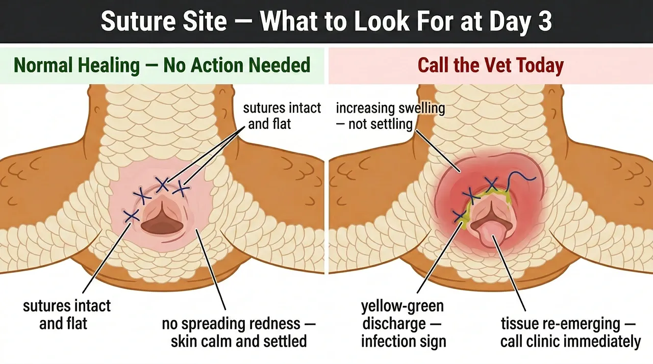 A two-panel medical illustration showing bearded dragon prolapse suture healing. The left panel shows normal healing with flat sutures and calm skin, while the right panel highlights warning signs like swelling, yellow-green discharge, and re-emerging tissue that require immediate vet attention.