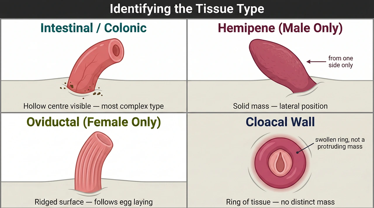 A four-panel medical illustration showing how to visually identify the four types of bearded dragon cloacal prolapse: intestinal, hemipene, oviductal, and cloacal wall, based on tissue shape and position.