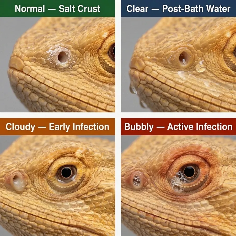 Four types of bearded dragon nostril discharge shown in a comparison grid: normal salt crust, clear post-bath fluid, cloudy early infection mucus, and bubbly active infection foam.