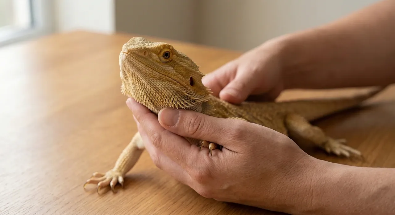 A keeper tilting a bearded dragon's head upward with thumb support under the chin, showing the correct hand position for examining both nostrils for a bearded dragon runny nose, retained shed, or discharge.