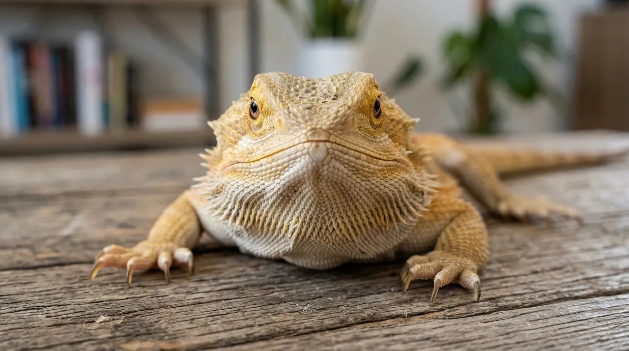 Close-up of a healthy adult bearded dragon resting on a wooden surface, showing clean, clear nostrils to contrast with the symptoms of a bearded dragon runny nose.