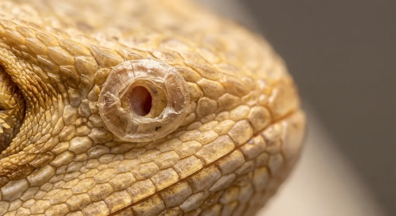 Macro close-up of retained shed skin forming a tight translucent ring around a bearded dragon nostril, partially narrowing the opening, a common one-sided cause of a bearded dragon runny nose often mistaken for infection.