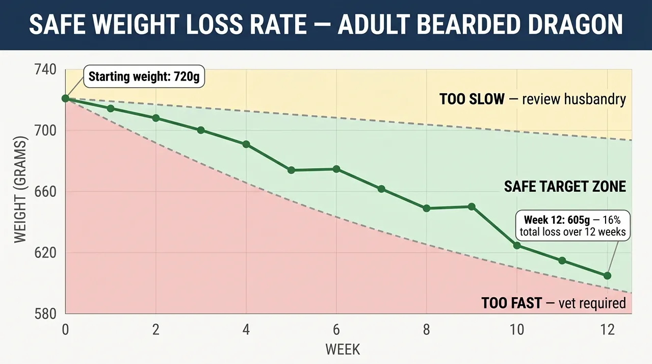 Line chart showing safe weight loss rate for an adult bearded dragon over 12 weeks with colour-coded target zones