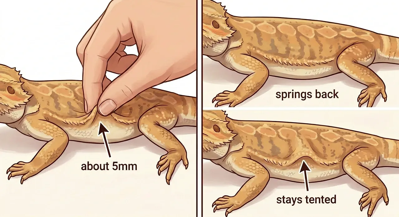 A two-panel diagram demonstrating the skin tent test on a bearded dragon. The left panel shows a hand gently pinching 5mm of skin. The right panel shows how healthy skin 'springs back' and dehydrated skin 'stays tented'.