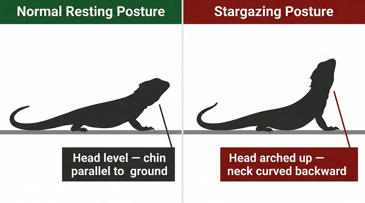 Side-by-side diagram comparing a bearded dragon's normal horizontal head position with the backward-arched stargazing posture — a neurological symptom of active atadenovirus involvement.