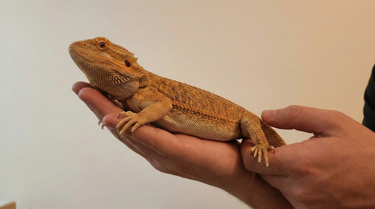 Calm bearded dragon held gently in both hands, showing the abdominal profile used for a home swollen belly assessment.
