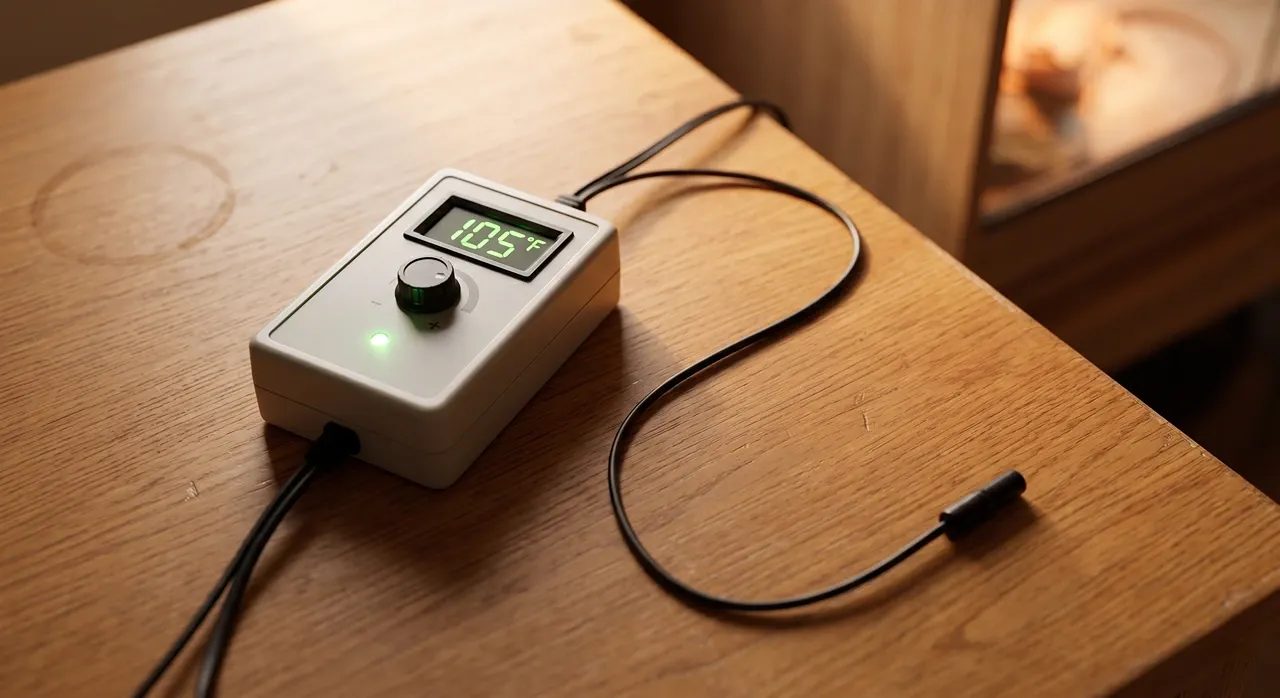 A specialized digital dimming bearded dragon thermostat displaying 105°F with its black temperature probe extended on a wooden surface, ready for installation in a vivarium.
