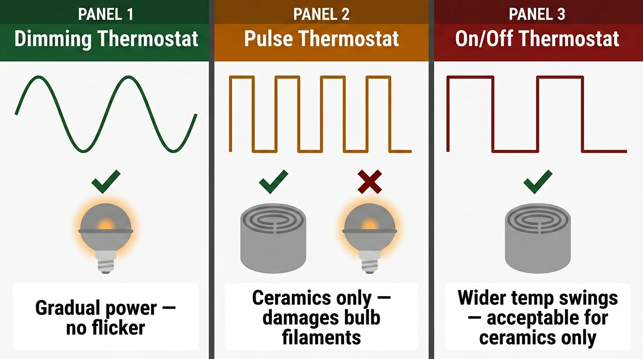 A three-panel educational diagram comparing the power output patterns of Dimming, Pulse, and On/Off thermostats for bearded dragon enclosures. It illustrates that dimming is the best option for basking bulbs (gradual power, no flicker), whereas pulse damages bulb filaments, and on/off control is restricted to ceramic heat emitters due to wider temperature swings.