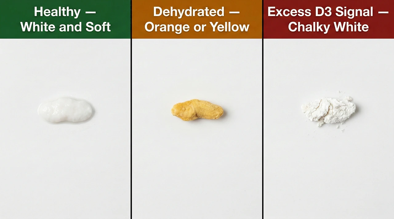 A three-panel comparison of bearded dragon urate colours — healthy soft white on the left, dehydrated orange or yellow in the centre, and chalky white on the right indicating potential D3 excess.