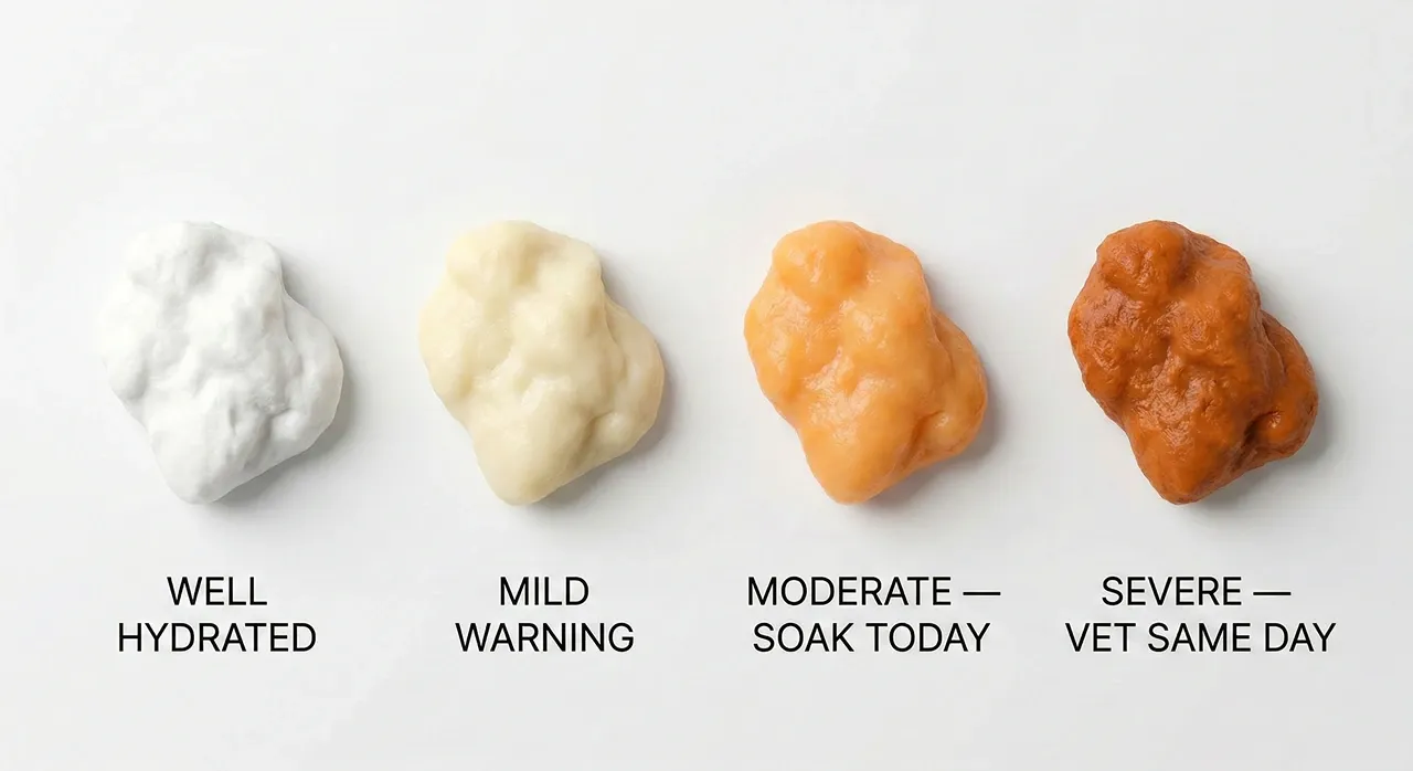 Urate colour chart showing four bearded dragon dehydration signs from left to right: chalky white indicating well hydrated, pale yellow as a mild warning, clear orange requiring same-day soaking, and dark rust-orange indicating severe dehydration requiring immediate vet care.