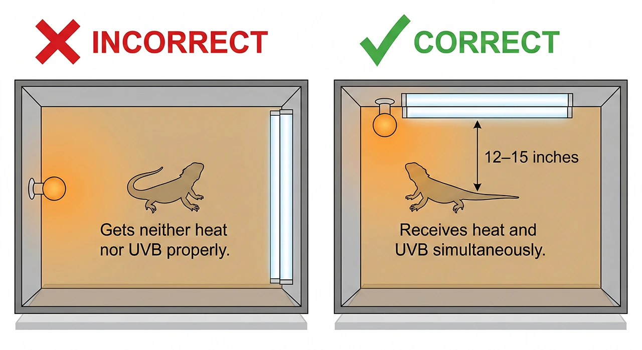 Top-down diagram of a bearded dragon enclosure showing the correct setup with both the UVB tube and basking bulb on the same side, compared to an incorrect setup with lights on opposite ends.