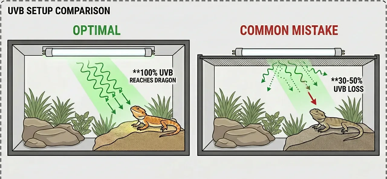 A diagram comparing two bearded dragon UVB setups. The optimal setup shows a UVB bulb mounted inside the tank, delivering 100% UVB to the basking dragon. The common mistake setup shows the bulb resting on top of a mesh screen, resulting in a 30 to 50% UVB loss.