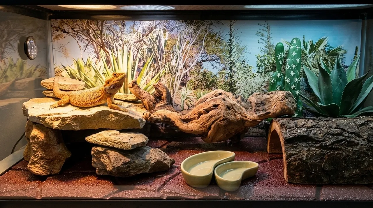 professional bearded dragon enclosure featuring a tiered rock basking area, natural driftwood, a cork bark hide, thermostat and desert-themed background decor