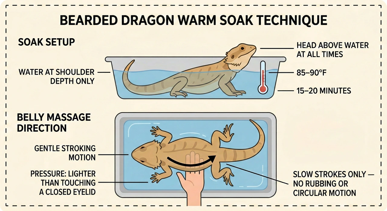 An instructional diagram showing a bearded dragon in a shallow 85-90 degree warm soak, with a top-down view demonstrating the correct front-to-back gentle belly massage technique for impaction relief.