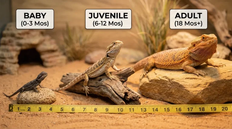 A bearded dragon growth chart visual showing three life stages on a yellow measuring tape. From left: a 'BABY (0-3 Mos)' at 4 inches, a 'JUVENILE (6-12 Mos)' at 10 inches on driftwood, and a full 'ADULT (18 Mos+)' at 19 inches on a rock.