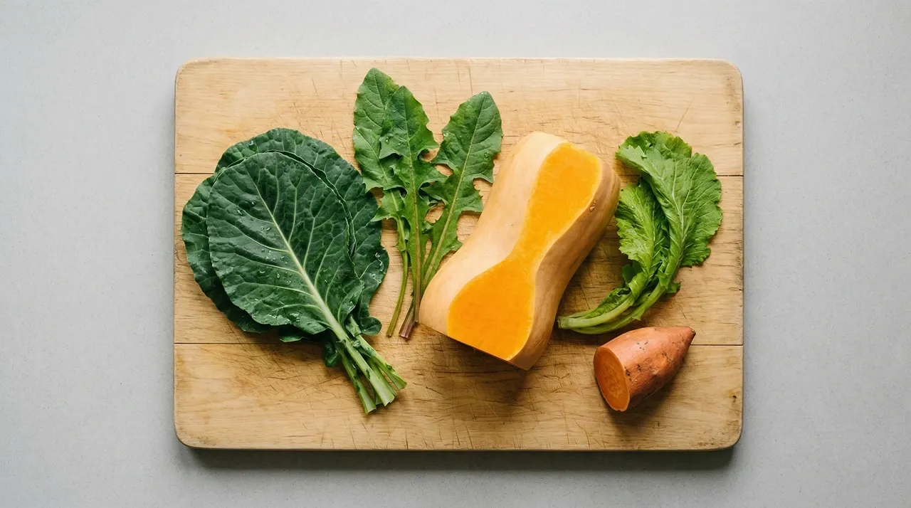 Fresh gut loading foods for feeder insects including collard greens, dandelion greens, butternut squash, mustard greens, and sweet potato on a wooden chopping board.