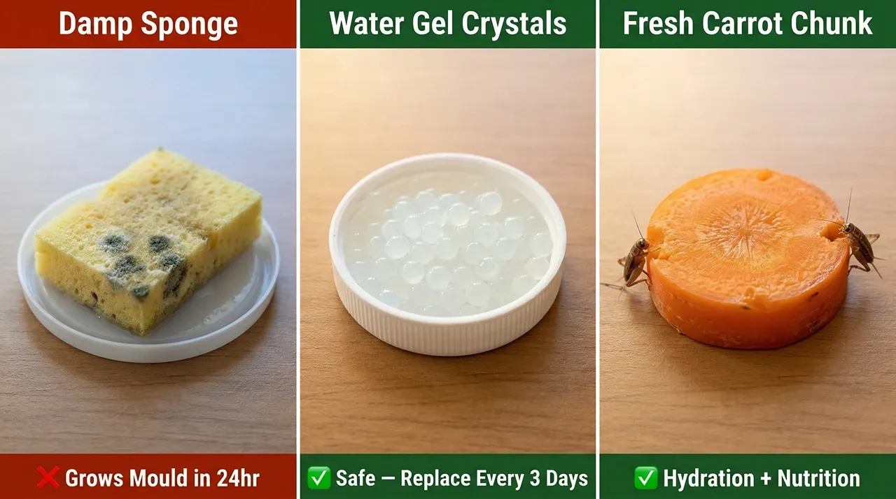 Three-panel comparison of cricket bin water sources showing a mouldy damp sponge labelled incorrect on the left, and two correct alternatives: water gel crystals in a bottle cap and a fresh carrot chunk for hydrating feeder crickets without adding humidity.