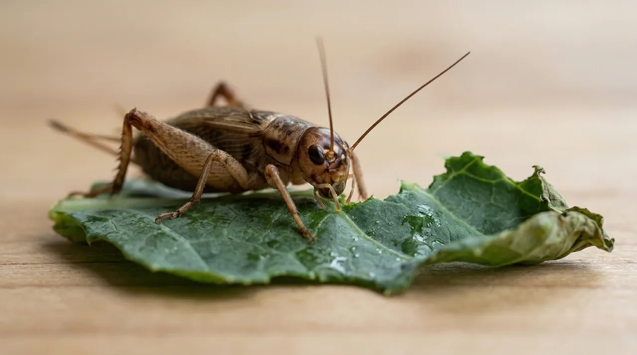 A close-up of an adult feeder cricket actively eating a fresh piece of collard green during the gut-loading process.